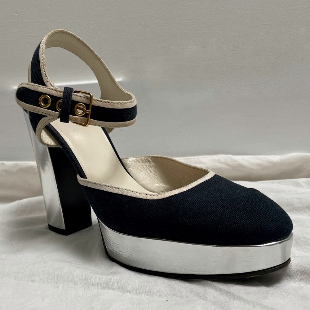 Miu Miu Silver Leather Black Linen Platform High Heels Size 39